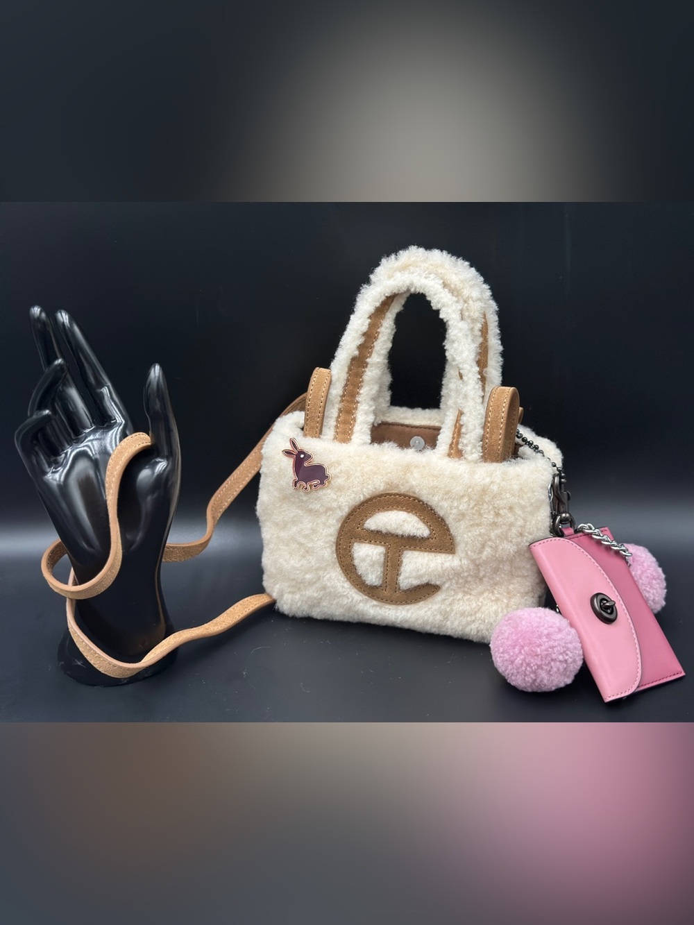 Telfar x Ugg: Cream Faux Shearling Tote with Tan Trim and Logo Emblem